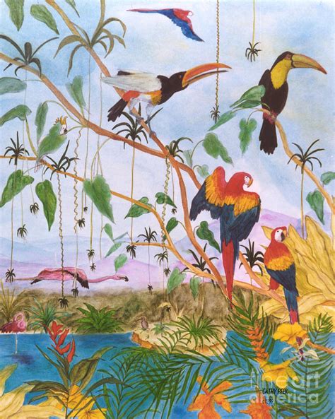 Toucans Macaw Parrot Cathy Peek Tropical Birds Jungle Painting by Cathy ...