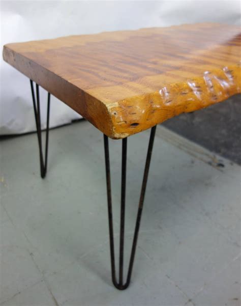 Midcentury Live Edge Burl Coffee Table with Hairpin Legs For Sale at 1stDibs