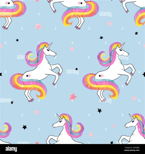 Seamless Rainbow Unicorns Pattern Vector Magic Illustration Stock