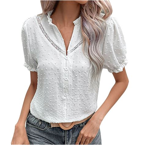 Tops De Manga De Encaje De Verano Para Mujer Camisa De Manga Corta Con Cuello En V De Empalme De