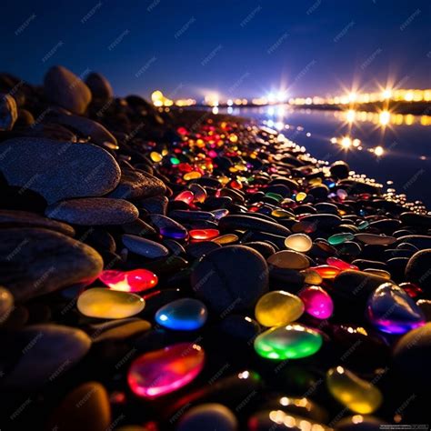 Premium Ai Image Colorful Glass Pebbles On The Beach At Sunset