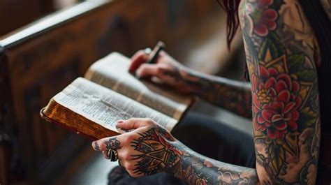 Premium AI Image | Tattooed Individual Reading Bible on Church Pew