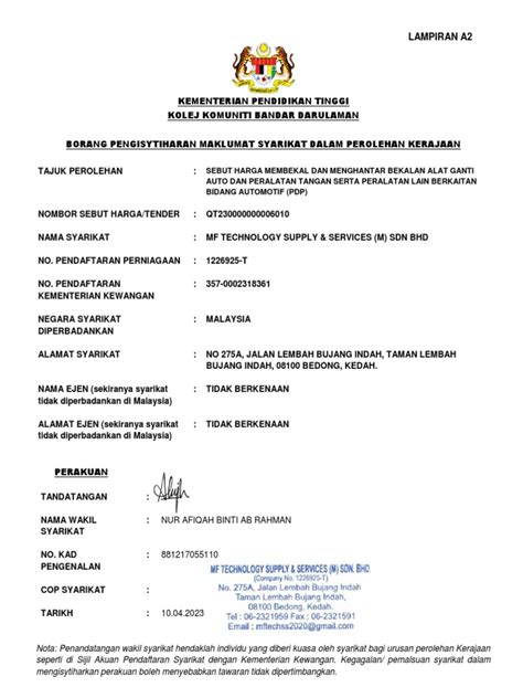 Borang Pengisytiharan Maklumat Syarikat Dalam Perolehan Kerajaan 2 Pdf