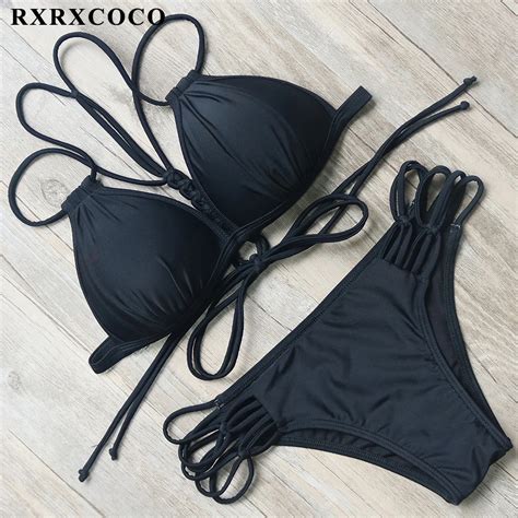 Rxrxcoco Sexy Bandage Bikinis Women Swimsuit Push Up Solid Swimwear