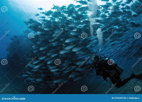 Scuba Diver Surrounded By Schools Of Fish In Vibrant Underwater World