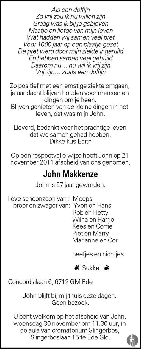 John Makkenze 21 11 2011 Overlijdensbericht En Condoleances Mensenlinq Nl