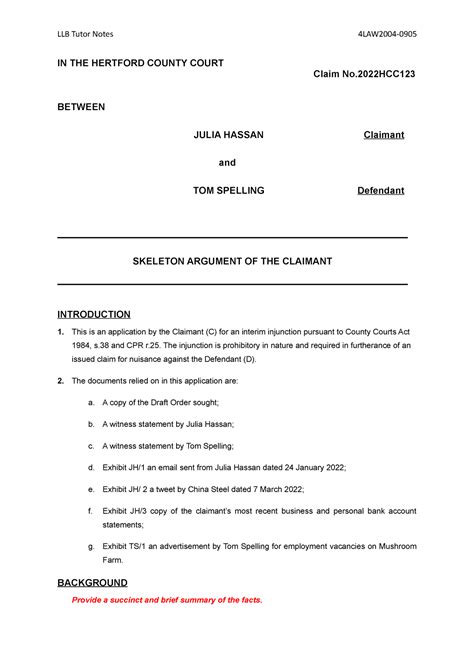 Template Skeleton Argument For Claimant Llb Tutor Notes Law In