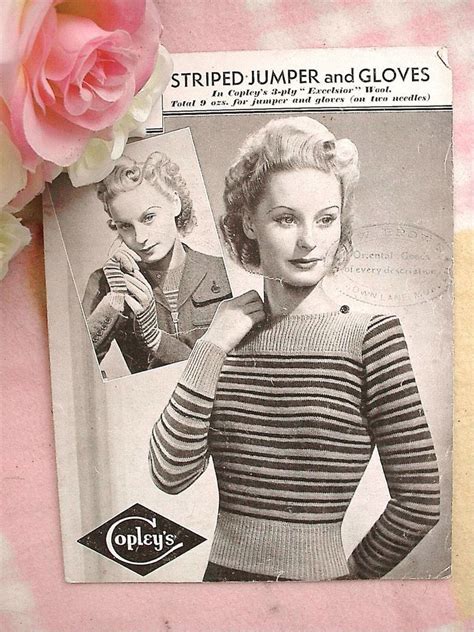 Vintage 40s Knitting Pattern Lady S Striped Jumper And Gloves 34 36 Bust No Pandp Vintage Sweater