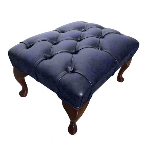 Chesterfield Genuine Leather Footstool Antique Blue