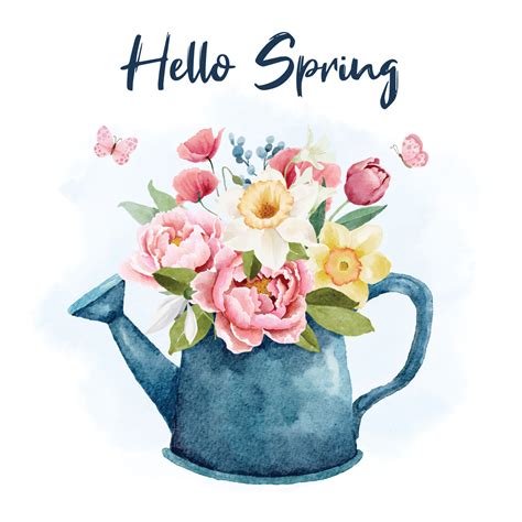 Watercolor Watering Can With Spring Flowers Vector Art At Vecteezy