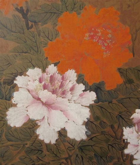 Antique Korean Silk Panel Painting Of Peonies Zentner Collection