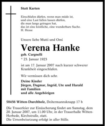 Traueranzeigen Von Verena Hanke Trauer In Nrw De