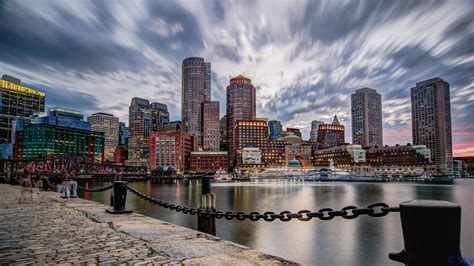 Wallpaper Longexposure Sunset Boston Skyline Clouds Harbor Ship