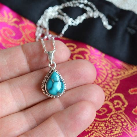 Turquoise Necklace Sterling Silver Turquoise Teardrop Etsy