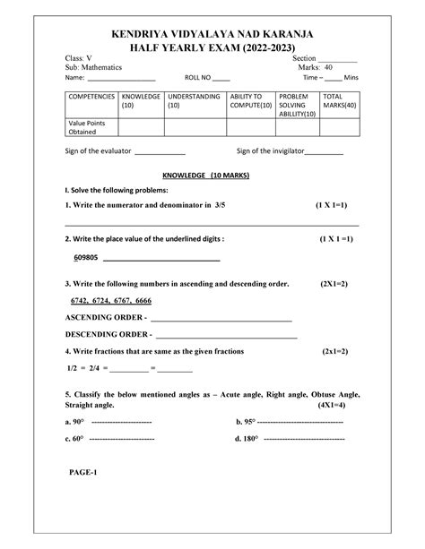 HALF Yearly Class 5 Maths KENDRIYA VIDYALAYA NAD KARANJA HALF YEARLY