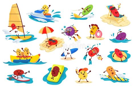 Cartoon Vitamin Characters Summer Beach Vacation Stock Vector