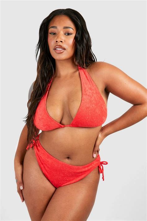 Plus Towelling Ribbed Halter Bikini Top Boohoo Uk