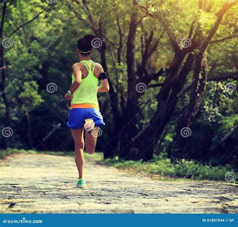 Corredor Del Rastro De La Mujer Que Corre En Bosque Foto De Archivo