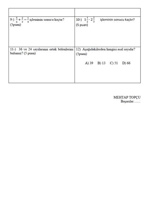 6 SINIF MATEMATİK 1 DÖNEM 2 YAZILI SINAVI Test Matematik