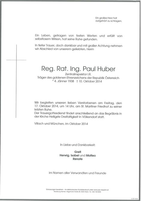 Parte für Ing Paul Kurt Huber pax requiem