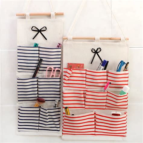 Practical Multiple Pockets Organizer Stripe Cotton Linen Wall Hanging Bag Door Organiser