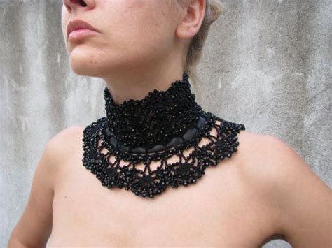 Crocheted High Collar Necklace Choker With BLACK Etsy Gargantillas