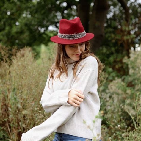 Hicks And Brown Suffolk Fedora In Maroon With Guinea Feather Wrap