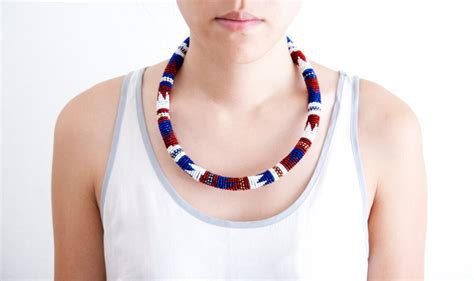 Red White Blue And Gold Beaded Necklace Bead Wrapped Etsy