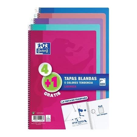 Oxford Pack 4 1 Cuadernos Espiral Formato Folio Cuadriculado 4x4mm 80