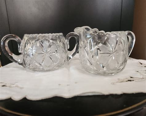 Vintage Sawtooth Cut Glass Creamer And Sugar Dish Set Etsy