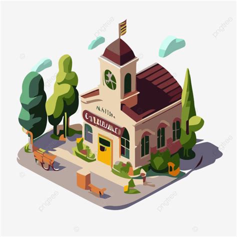 Community Center Vector, Sticker Clipart An Isometric Library In Isometric Style With Trees And ...