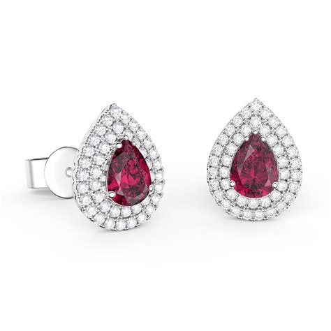 Fusion Ruby And Diamond Pear Halo 18ct White Gold Halo Stud Drop