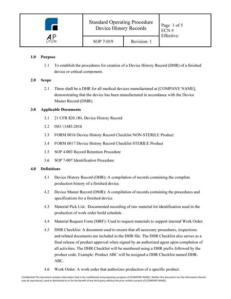 Device History Record Template