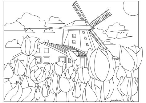 Netherlands Windmill And Tulips Landscape Coloring Pages For Adults