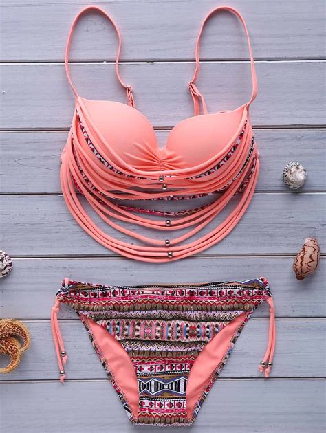 Stylish Spaghetti Strap Printed Underwire Strappy Embellished Bikini