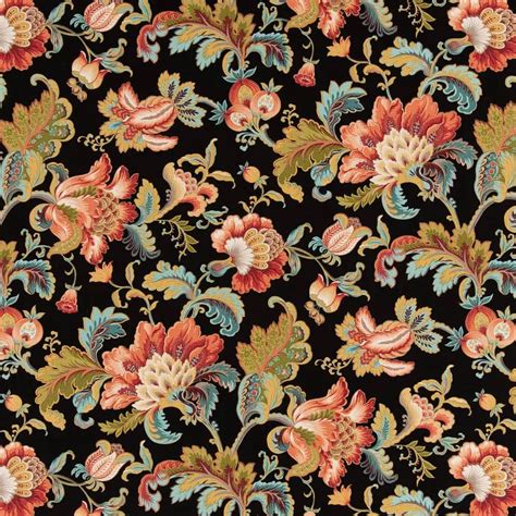 Tahiti Black And Burgundy Floral Prints Upholstery Fabric By The Yard