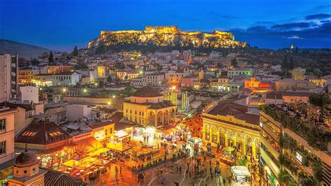 town, city, night, lights, Athens, Greece, night sky, town square, street, people, acropolis ...