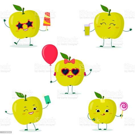 A Set Of Five Kawaii Cute Green Apple Fruit In Cartoon Style In Glasses With Ice Cream With A