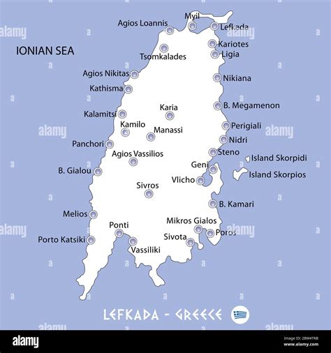 Island Of Lefkada In Greece White Map And Blue Background Illustration