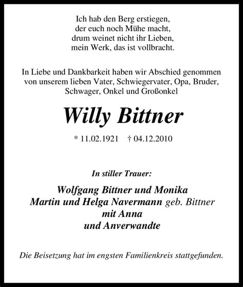 Traueranzeigen Von Willy Bittner Trauer In Nrw De