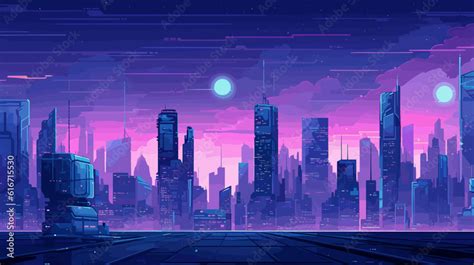 Futuristic vaporwave cyberpunk vector art with a city skyline at night with purple hues. Stock ...