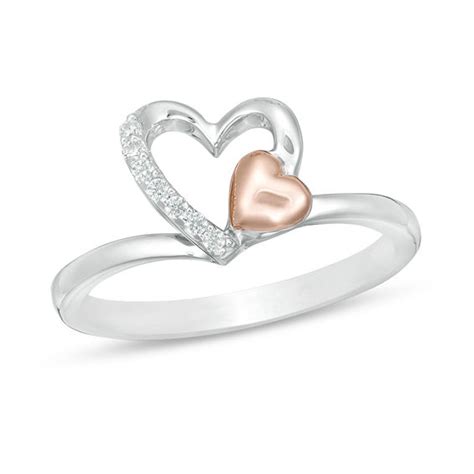 004 Ct Tw Diamond Double Heart Ring In Sterling Silver And 10k Rose