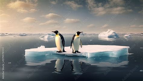 Two Penguins Stand On Melting Ice In Arctic Ocean Global Warming