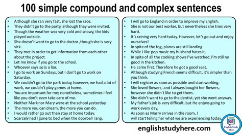 100 Simple Compound And Complex Sentences English Study Here