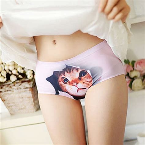 Women S Underwear Briefs Ice Silk Panty Cat Panties Seamless Waist Briefs 3d Cats Printing Anti