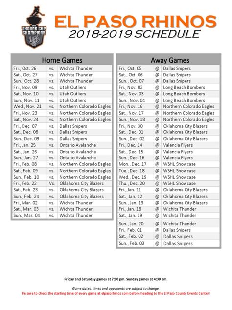 El Paso Rhinos Schedule | PDF | Sports Teams | Ice Hockey