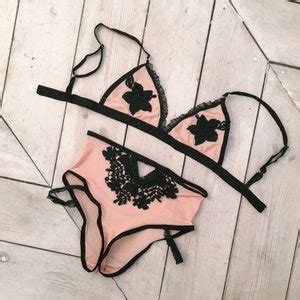 Sultry Nude Mesh And Contrast Applique Lingerie Set Handmade Etsy