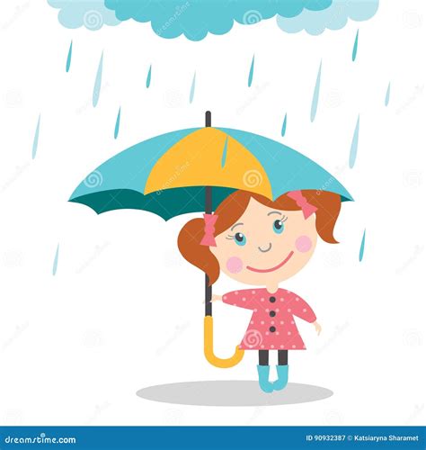 Girl With Umbrella Standing Under The Rain Stock Vector Illustration