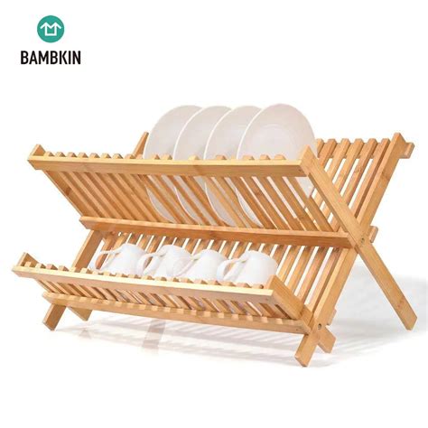 Bambkin Bamboo 2 Tier Folding Dish Drying Rack Foldable Dish Drainer