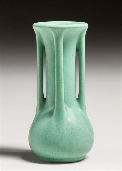 Teco Pottery Prairie School Four Handled Matte Green Vase C